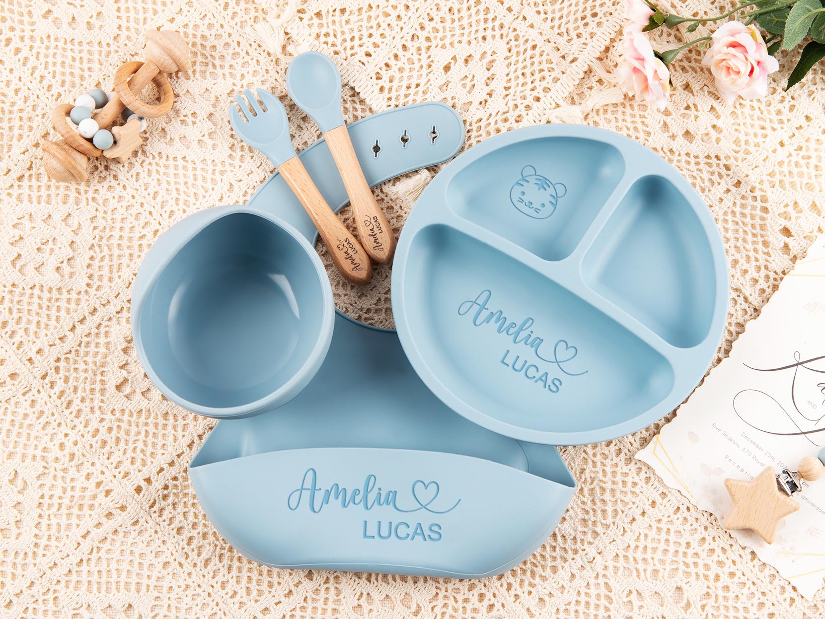 Custom Silicone Baby Weaning Set, Engraved Plate, Bib, Bowl, Fork, Spoon