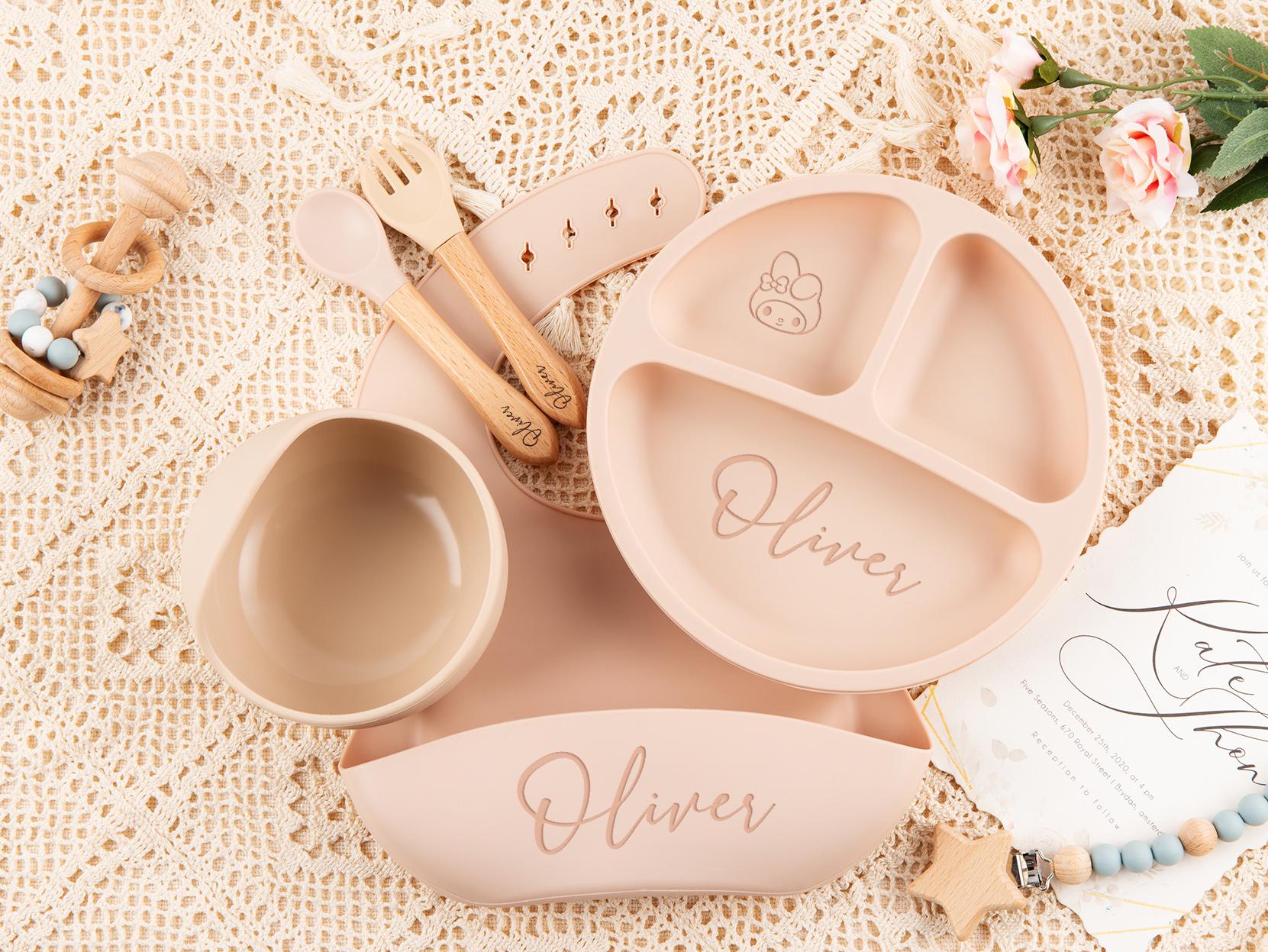 Custom Silicone Baby Weaning Set, Engraved Plate, Bib, Bowl, Fork, Spoon