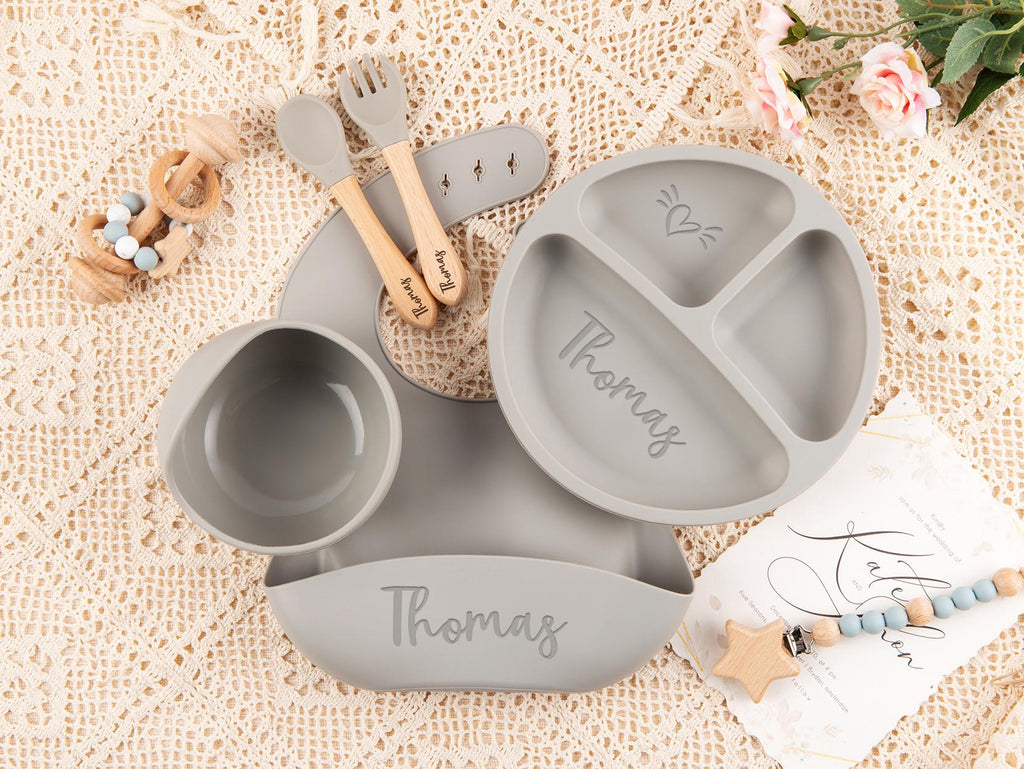 Custom Silicone Baby Weaning Set, Engraved Plate, Bib, Bowl, Fork, Spoon