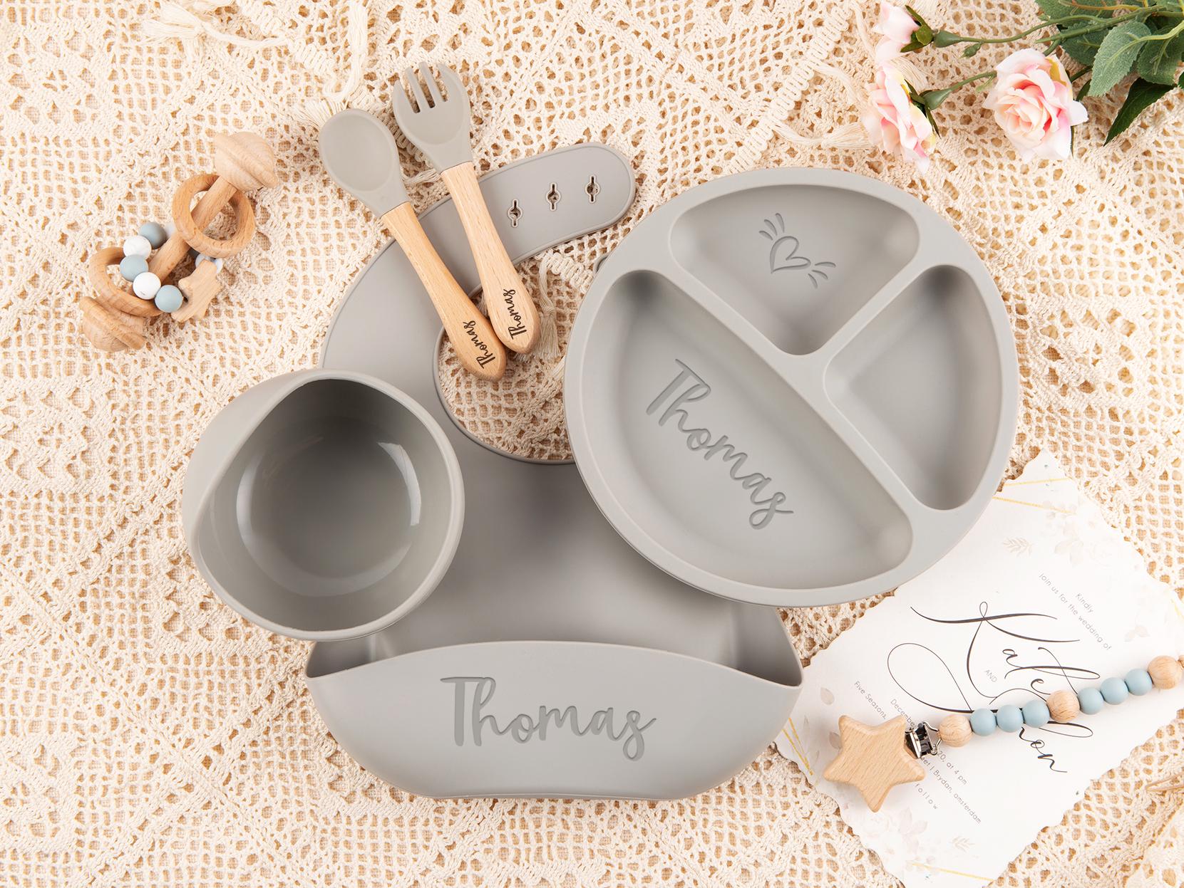 Custom Silicone Baby Weaning Set, Engraved Plate, Bib, Bowl, Fork, Spoon