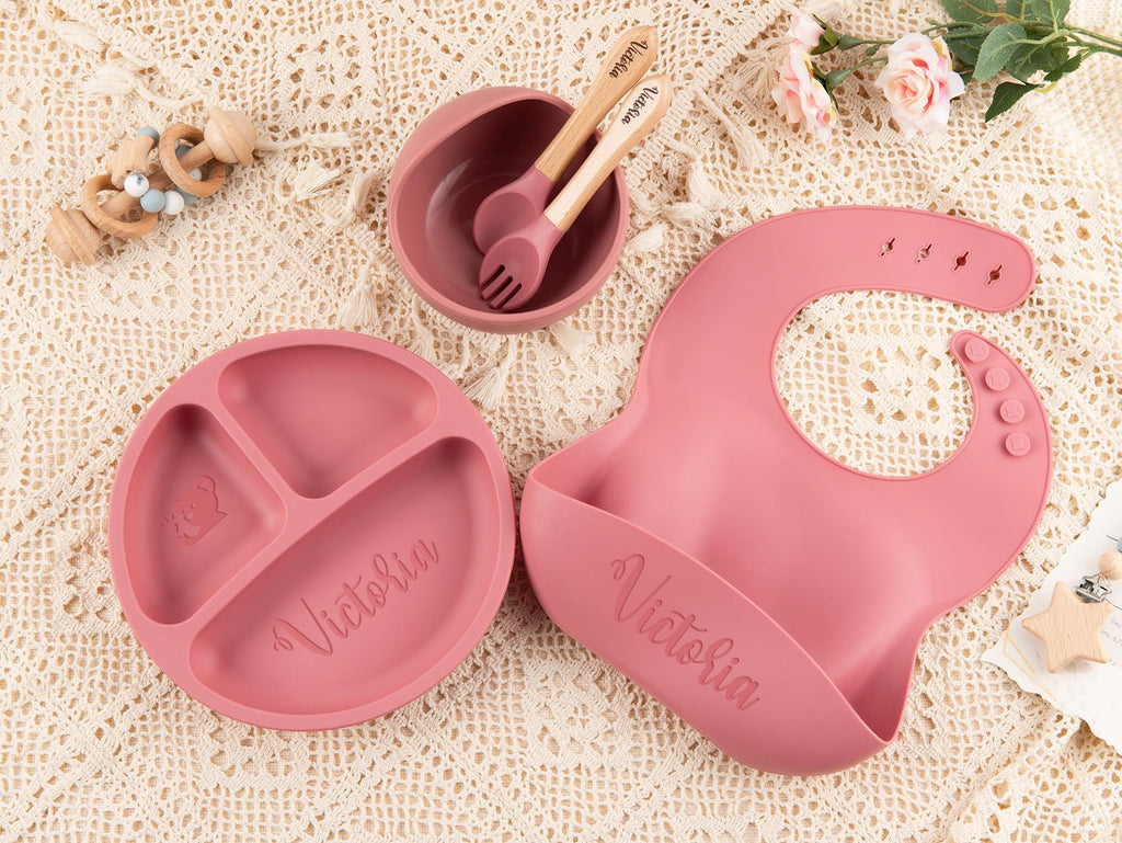 Custom Silicone Baby Weaning Set, Engraved Plate, Bib, Bowl, Fork, Spoon