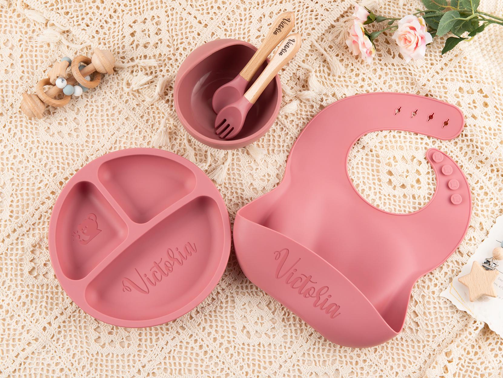 Custom Silicone Baby Weaning Set, Engraved Plate, Bib, Bowl, Fork, Spoon