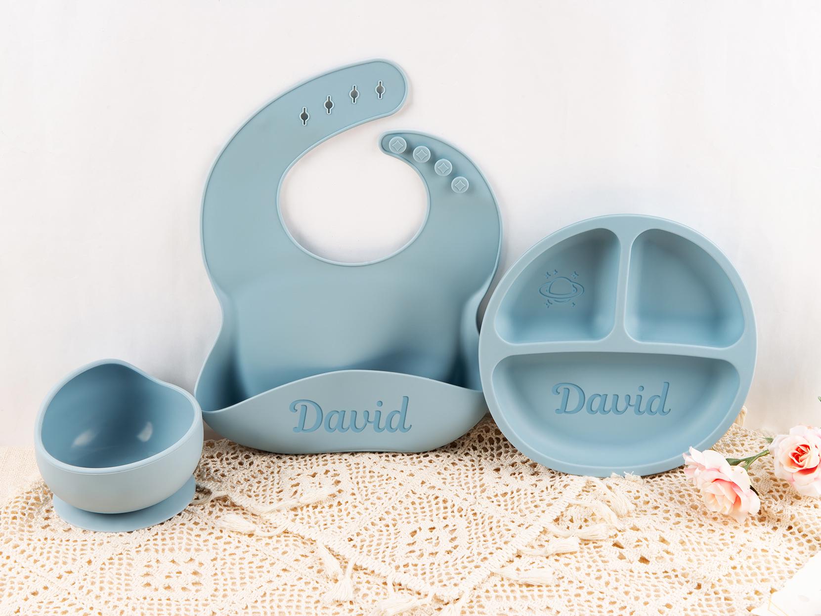 Custom Silicone Baby Weaning Set, Engraved Plate, Bib, Bowl, Fork, Spoon