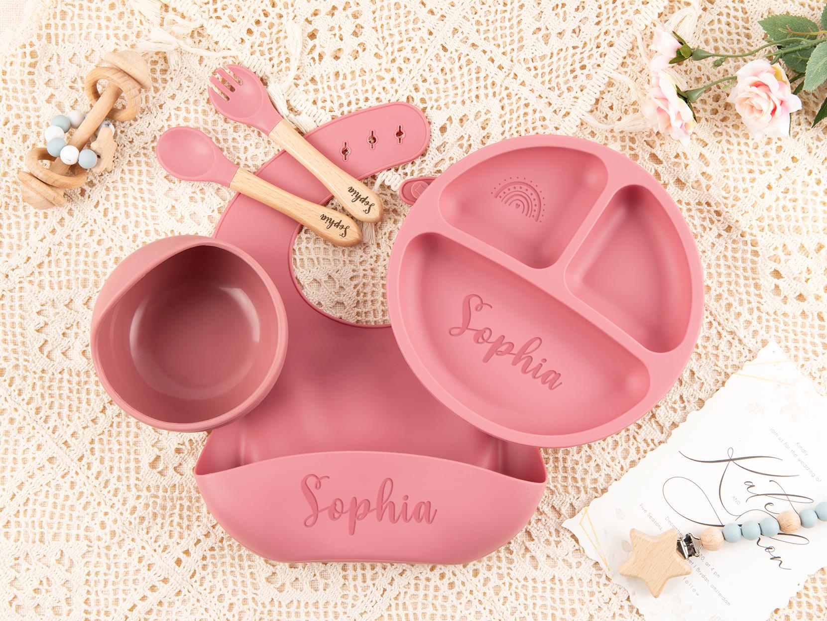 Custom Silicone Baby Weaning Set, Engraved Plate, Bib, Bowl, Fork, Spoon