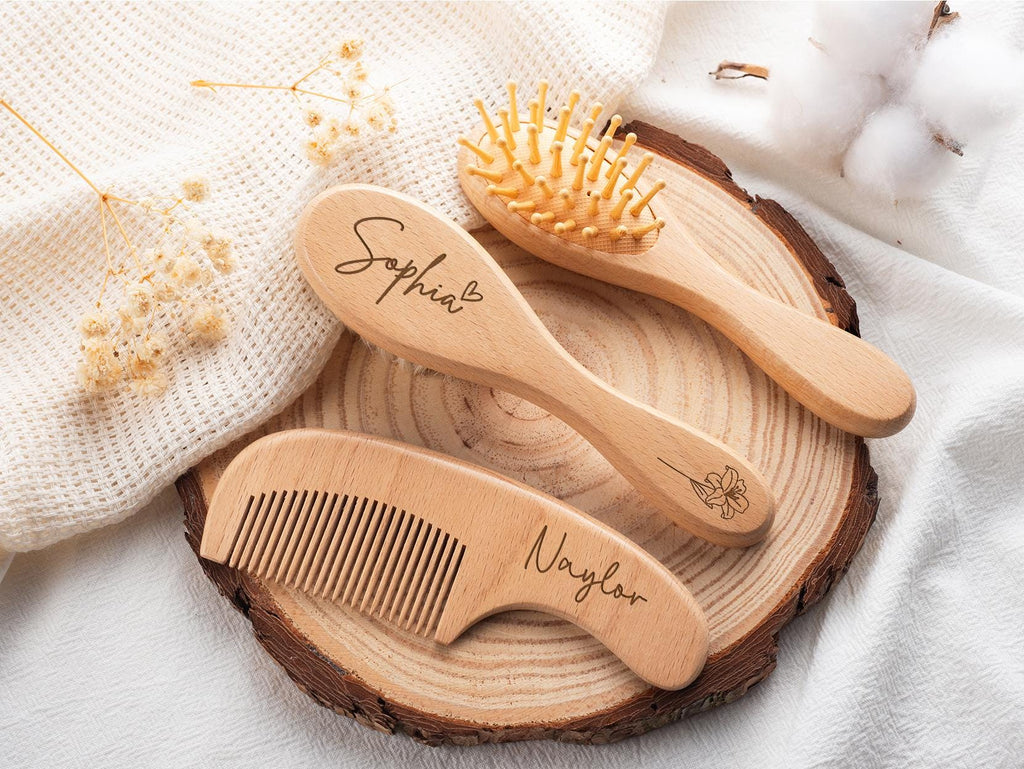 Personalized Wooden Baby Brush Comb Set, Engraved Name Hairbrush, Beech Wood, Baby Shower Gift