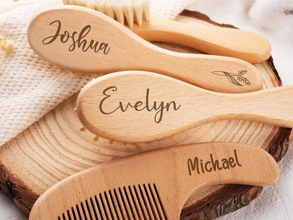 Personalized Wooden Baby Brush Comb Set, Engraved Name Hairbrush, Beech Wood, Baby Shower Gift