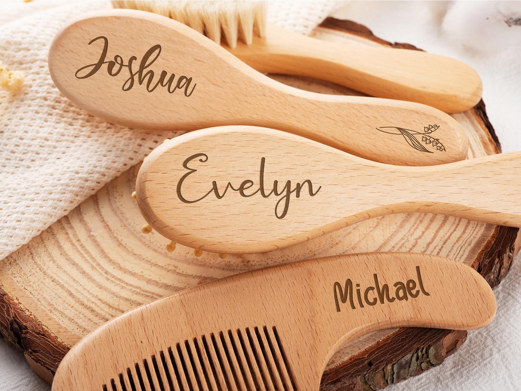 Personalized Wooden Baby Brush Comb Set, Engraved Name Hairbrush, Beech Wood, Baby Shower Gift