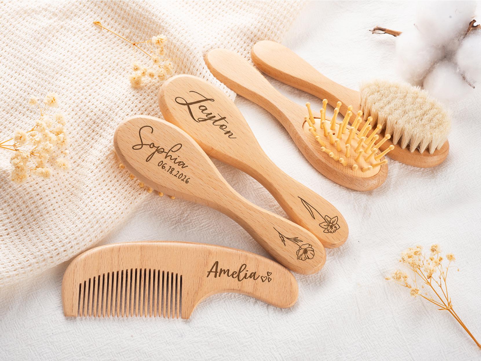 Personalized Wooden Baby Brush Comb Set, Engraved Name Hairbrush, Beech Wood, Baby Shower Gift