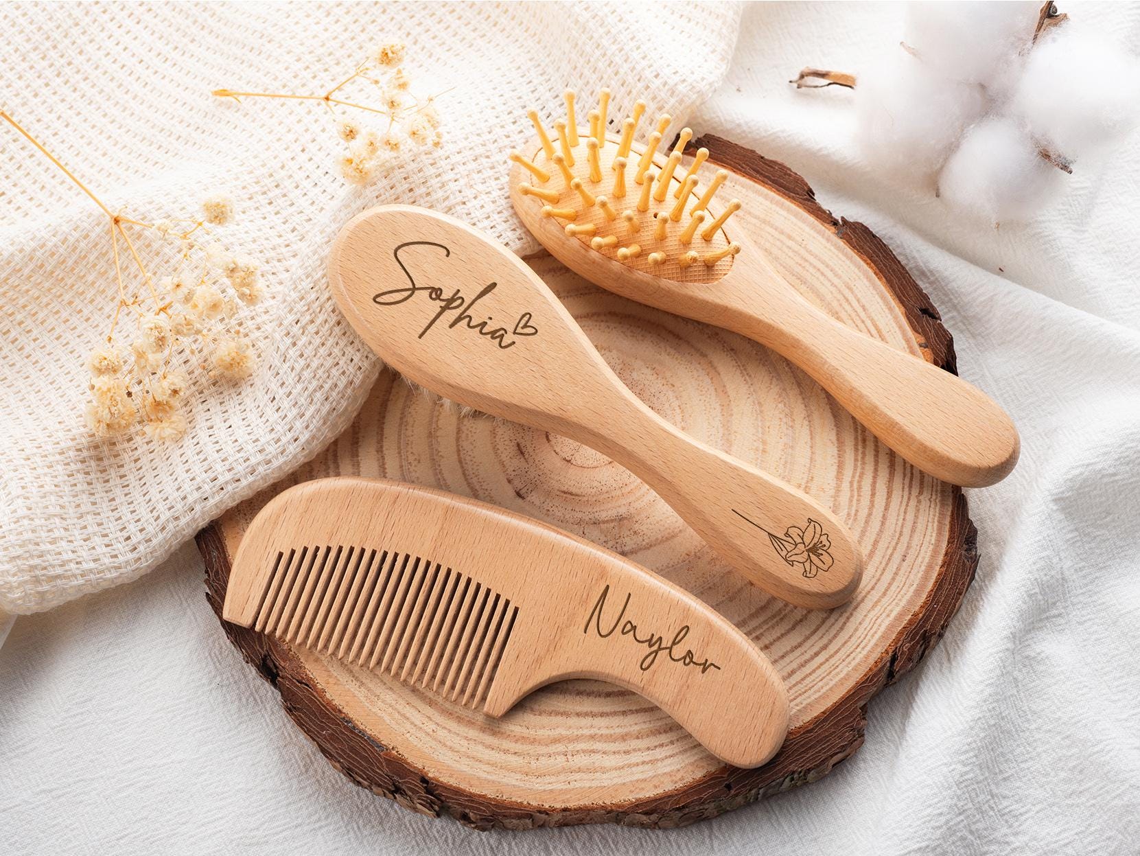 Personalized Wooden Baby Brush Set, Engraved Name Comb, Natural Beech Wood, Baby Shower Gift