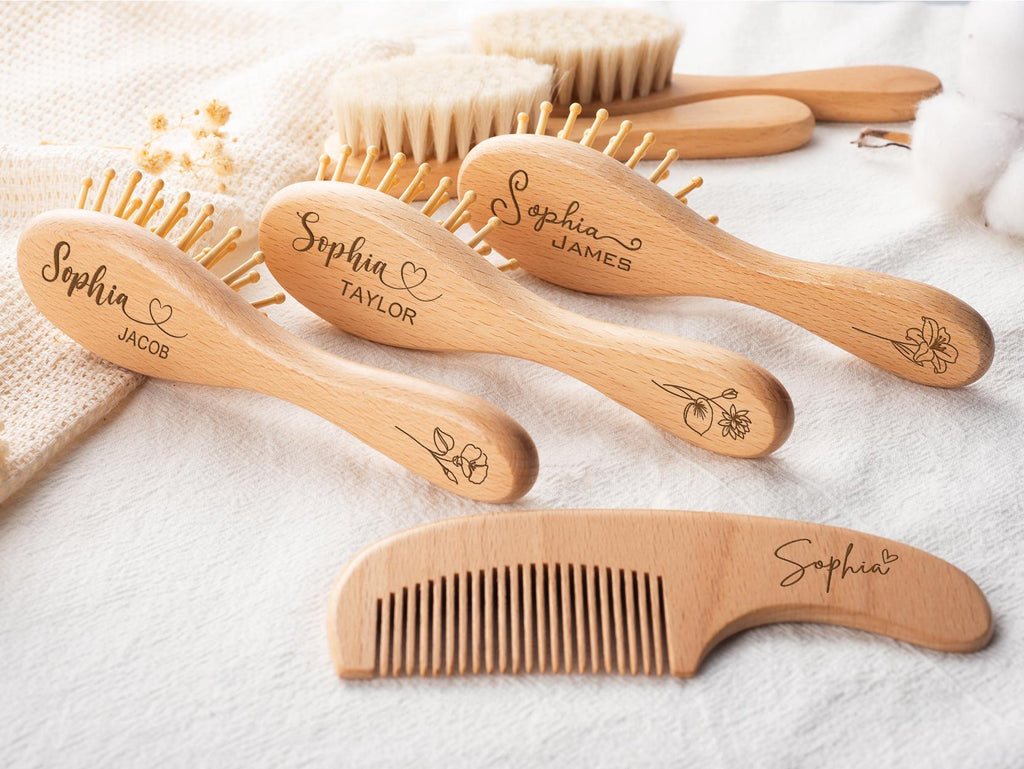 Personalized Wooden Baby Brush Set, Engraved Name Comb, Natural Beech Wood, Baby Shower Gift