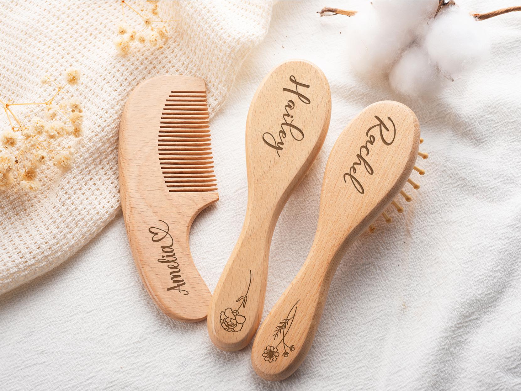 Personalized Wooden Baby Hair Brush Set, Engraved Name Keepsake, Newborn Shower Gift