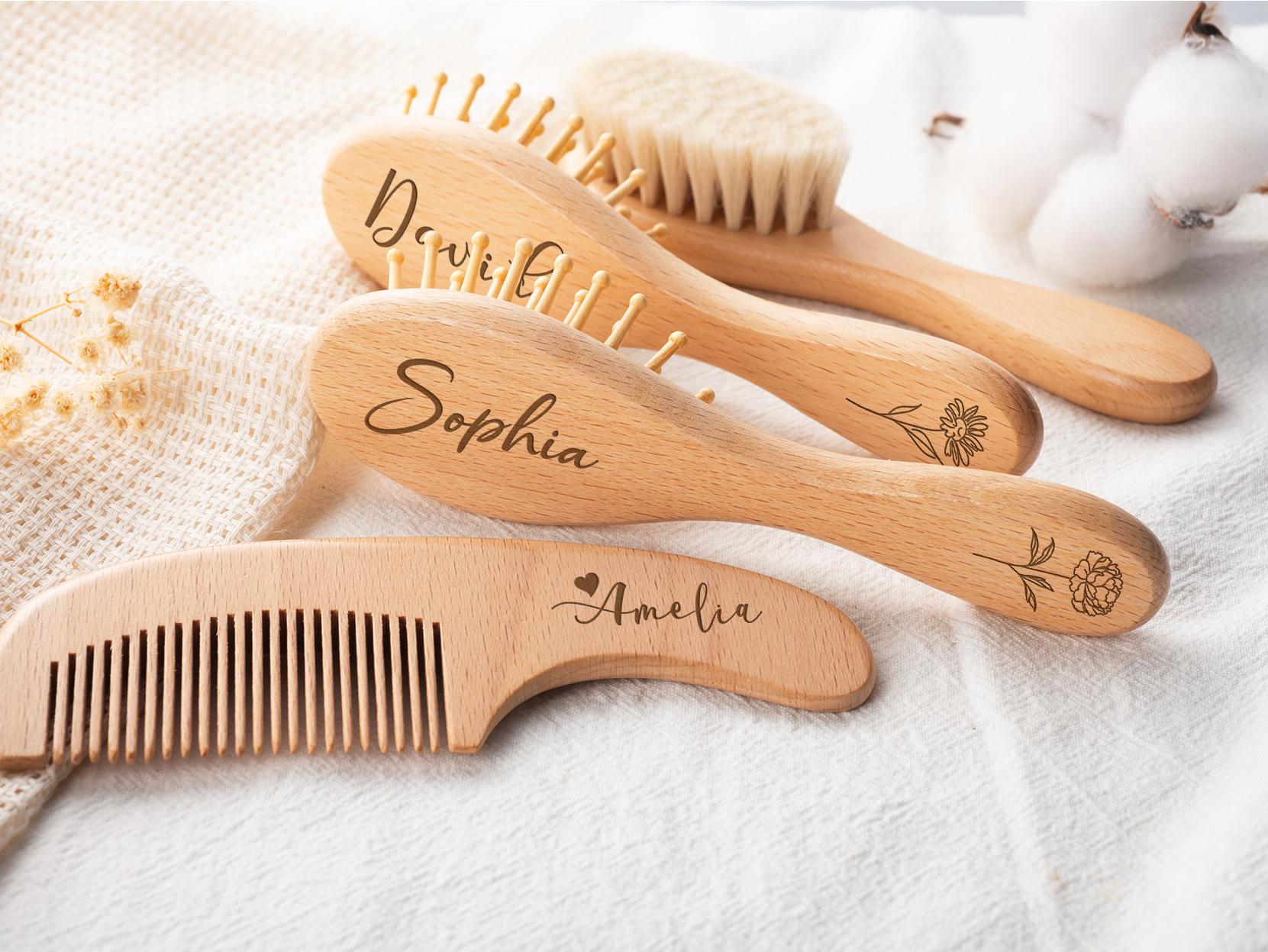 Personalized Wooden Baby Hair Brush Set, Engraved Name Keepsake, Newborn Shower Gift