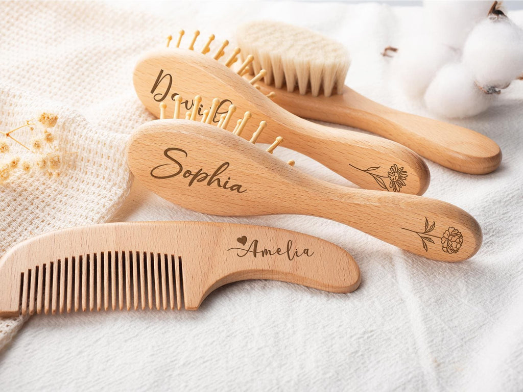 Personalized Wooden Baby Brush Set, Engraved Name Comb, Natural Beech Wood, Baby Shower Gift