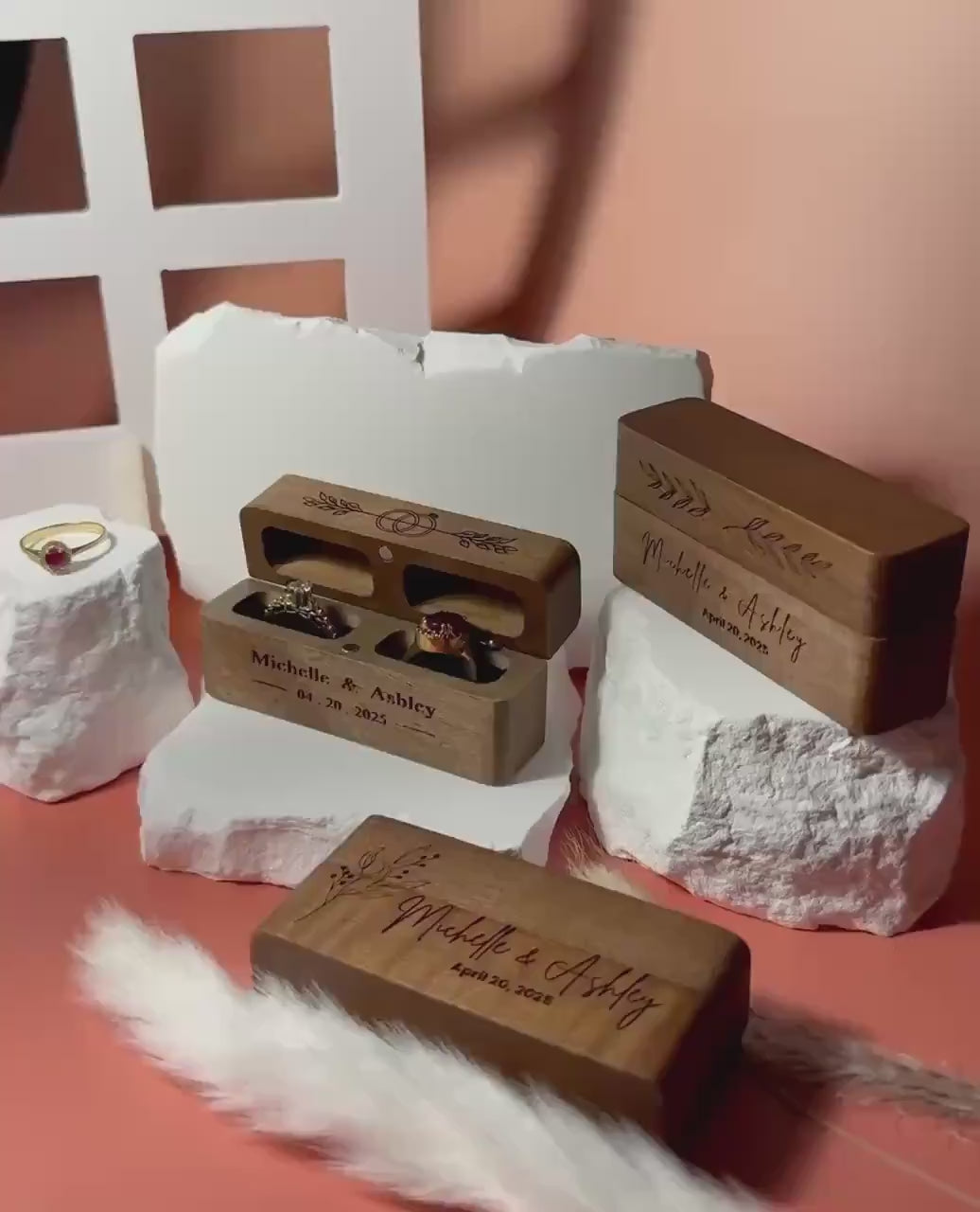 Personalized Wood Double Ring Box: Rustic Wedding Proposal